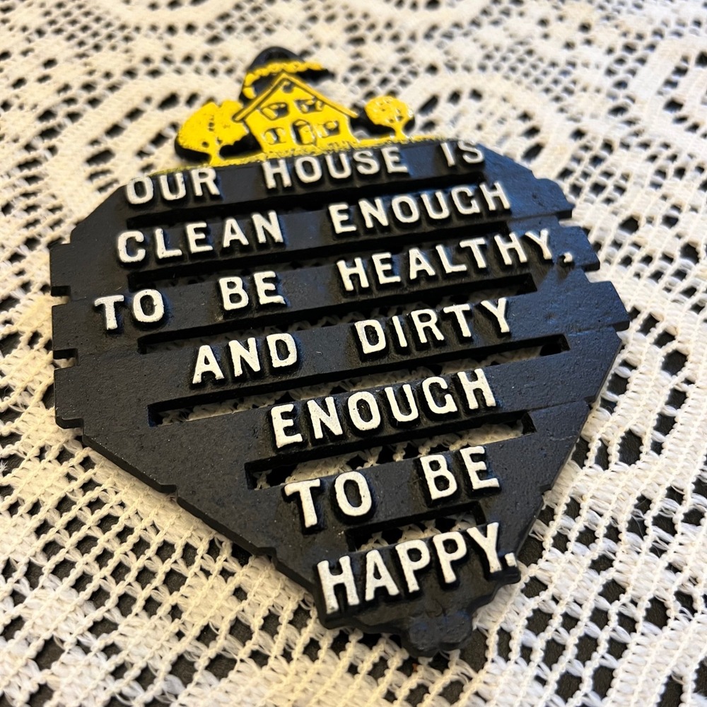 Vintage Metal Black Yellow Trivet Plaque | Clean House | Humor Whimsi